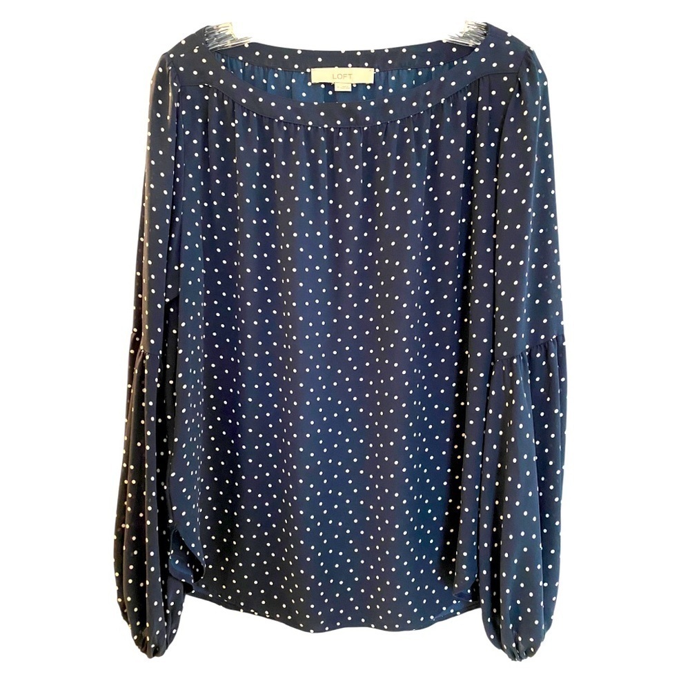 Loft navy and white Polka Dot blouse pullover long balloon sleeve elastic cuff
M